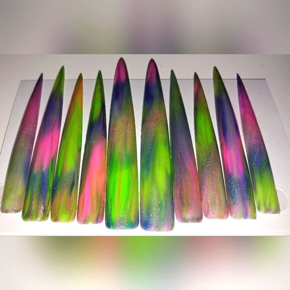 Hand crafted custom luminous tie dy10pc xxxl long acrylic presson nails sz Large - Picture 6 of 6